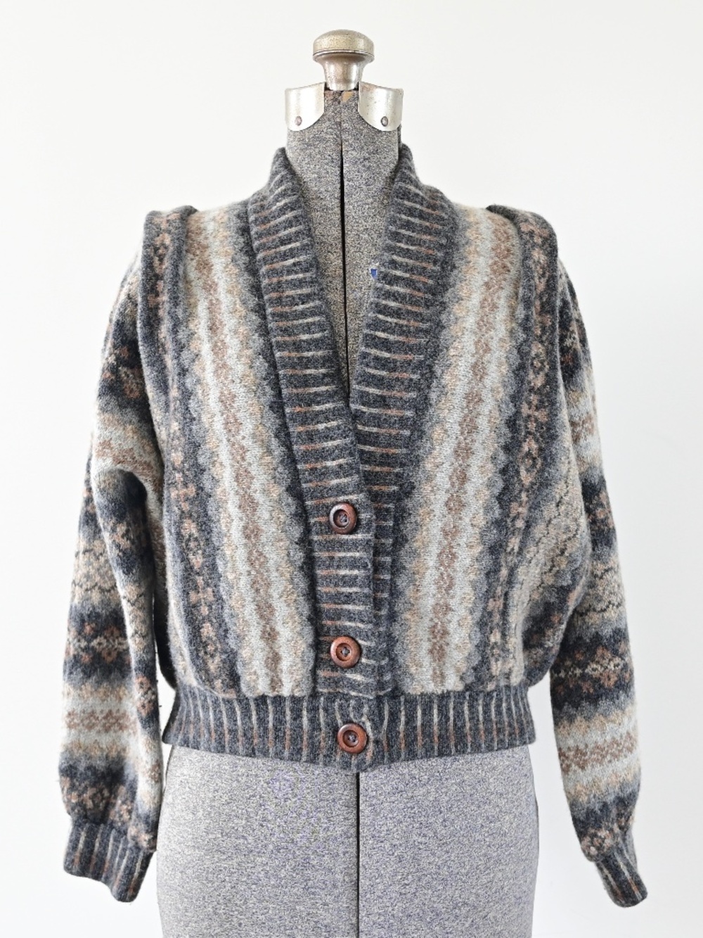 Vintage Heather Knits Gray Tan Striped Structured Cardigan w/ Wooden Buttons - Picture 1 of 9